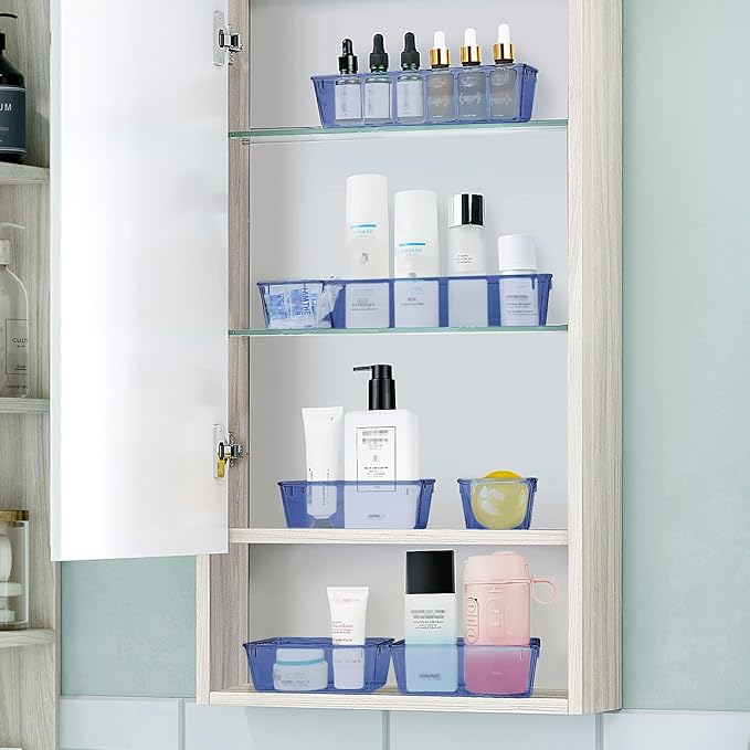 WOWBOX 25 PCS Plastic Drawer Organizer Set, 4 Sizes Desk Drawer Divider Organizers and Storage Bins for Makeup, Jewelry, Gadgets for Kitchen, Bedroom, Bathroom, Office, Clear Dark Blue-DeskLoop Office