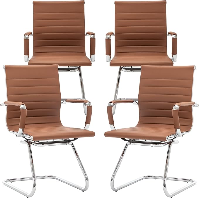 Office Desk Chair No Wheels Set of 4 PU Leather Computer Chairs Mid Back Guest Chairs for School Reception Conference Waiting Room, Cafe-DeskLoop Office