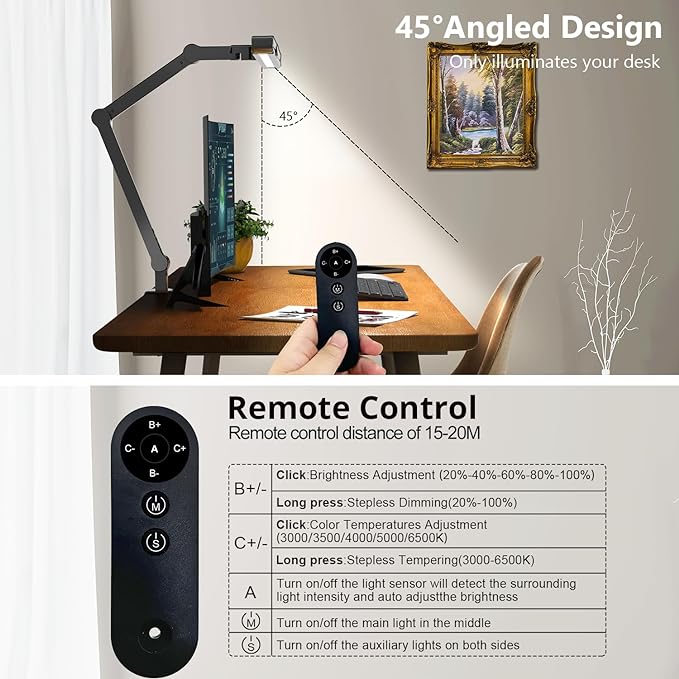 Micomlan Desk Lamp with Clamp, Architect Led Desk Lamp for Home Office with Remote Control, 24W Ultra Bright Auto Dimming Computer Light Adjustable Table Light for Working Workbench (Remote)-DeskLoop Office