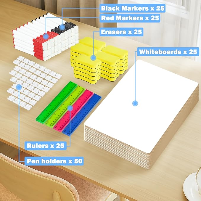 25 Pack Dry Erase Boards 9'' x 12'' Mini Double-Sided Whiteboards Safe Rounded Edges, Includes 25 Erasers, Markers, Rulers & 50 Clips, Perfect for Students, Teachers, School & Office Use-DeskLoop Office