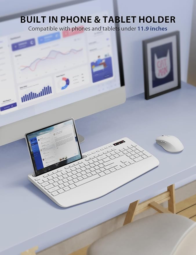 Wireless Keyboard and Mouse Combo - Full-Sized Ergonomic Keyboard with Wrist Rest, Phone Holder, Sleep Mode, Silent 2.4GHz Cordless Keyboard Mouse Combo for Computer, Laptop, PC, Mac, Windows,White-DeskLoop Office