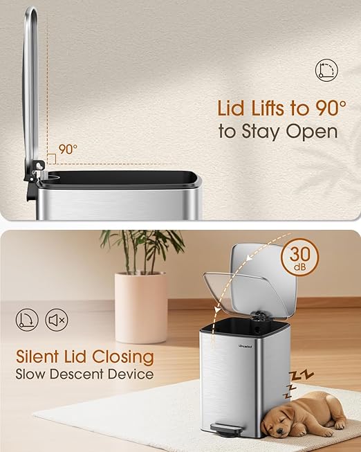 Lovewind Kitchen Trash Can with Lid, 5.2 Gallon/20 L Footstep Garbage Can for Kitchen Bedroom Home Office, 20 Liter Trash Bin Brushed Stainless Steel Waste Bin with Soft-Close Lid,Silver-DeskLoop Office