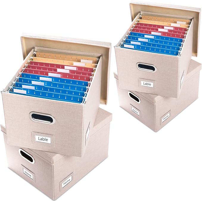 PRANDOM File Organizer Box - Set of 4 Collapsible Decorative Linen Filing Storage Hanging File Folders with Lids Office Cabinet Letter/Legal Size Light Grey (17x14x11.2 inch)-DeskLoop Office