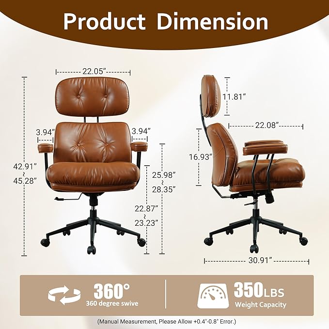 Faux Leather Executive Office Chair - Big and Tall Ergonomic Home Office Chair,Reclining Computer Desk Chair with Lumbar Support,Adjustable Task Chair Swivel Rolling PC Chair with Wheels,Browm,PU-DeskLoop Office