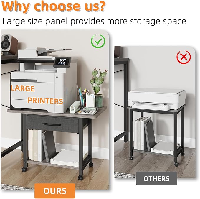 22"x15" Large Printer Stand with Storage Drawer, 2-Tier Under Desk Printer Table for Home Office, Printer Cart fit Fax Machine/3D Printer/Scanner(Gray)-DeskLoop Office