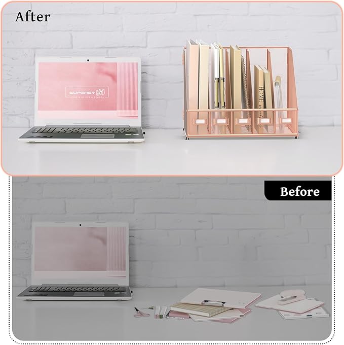 SUPEASY Desk Organizers Metal Desk Magazine File Holder with 5 Vertical Compartments Rack File Organizer for Office Desktop, Home Workspace, Rose Gold-DeskLoop Office