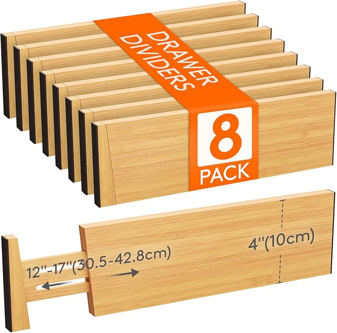 Lifewit 8 Pack Drawer Dividers Bamboo 4" High, 12-17" Adjustable Drawer Organizers for Clothes, Expandable Dresser Separators in Bedroom/Bathroom/Kitchen/Fridge/Office Organization and Storage-DeskLoop Office