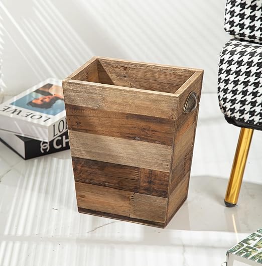 Small Wood Trash Can, Farmhouse Rectangular Garbage Can Waste Basket, Rustic Distressed Reclaimed Wood Wastebasket, Vintage Wooden Trash Recycling Bin Storage Basket with Metal Handles (Natural)-DeskLoop Office