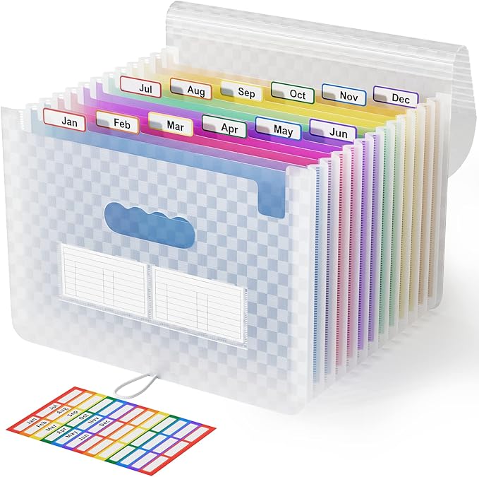 ABC life 12 Pockets Accordion File Organizer Expanding File Folders, Portable Monthly Bill Receipt Document Organizer, Expandable Accordian Filing Folder Letter A4 Size, Colored Tabs (Blue)-DeskLoop Office