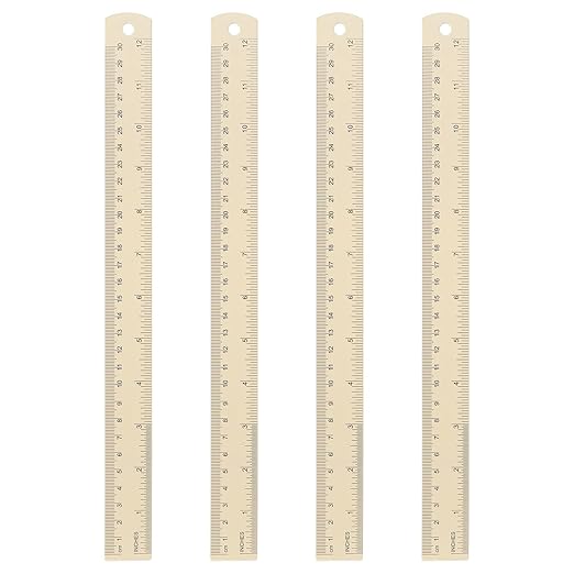 HARFINGTON 4pcs Metal Straight Ruler 30cm Metric SAE Aluminum Alloy Measuring Rulers Scale Tool with Hole for Measure Study Reading Classroom Office, Beige-DeskLoop Office