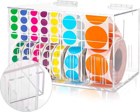 10 Disks Adjustable Label Dispenser with Lid 7.7 * 5.5 * 5.2 Inches Acrylic Sticker Dispenser Sticker Roll Holder for Holding Multi-Label Sticker Tape Date Markers Label Office (Not Include Sticker)-DeskLoop Office