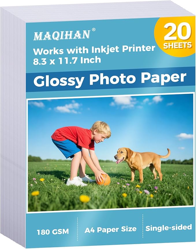 Glossy Photo Paper for Printer - 20 Sheets 8.3 x 11.7 In Inkjet Photo Printer Paper, Instant Dry Single-sided Printing Picture Paper for DIY Picture Wall, Greeting Card, Menu, Brochure, Decors-DeskLoop Office