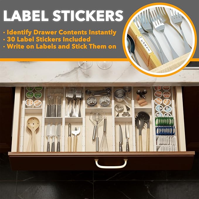 SpaceAid Bamboo Drawer Dividers with Inserts and Labels, Kitchen Adjustable Drawer Organizers, Expandable Organization for Home, Office, Dressers, 10 Dividers with 24 Inserts (17"-22" White)-DeskLoop Office