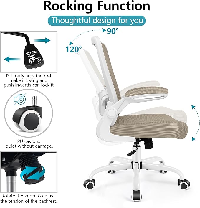 FelixKing Office Chair, Ergonomic Desk Chair Breathable Mesh Chairs with Adjustable High Back Lumbar Support Flip-up Armrests, Executive Swivel Comfy Task Computer Chairs for Home Office Khaki-DeskLoop Office