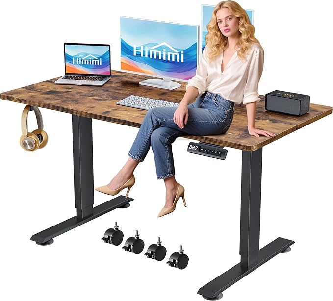 Himimi Electric Standing Desk 55 x 24 inch for Home Office,Sit-Stand Adjustable Desk with Memory Presets,Height Adjustable Desk for Gaming/Working,Free Hook, Lockable Wheels,Mouse Pad,Brown-DeskLoop Office