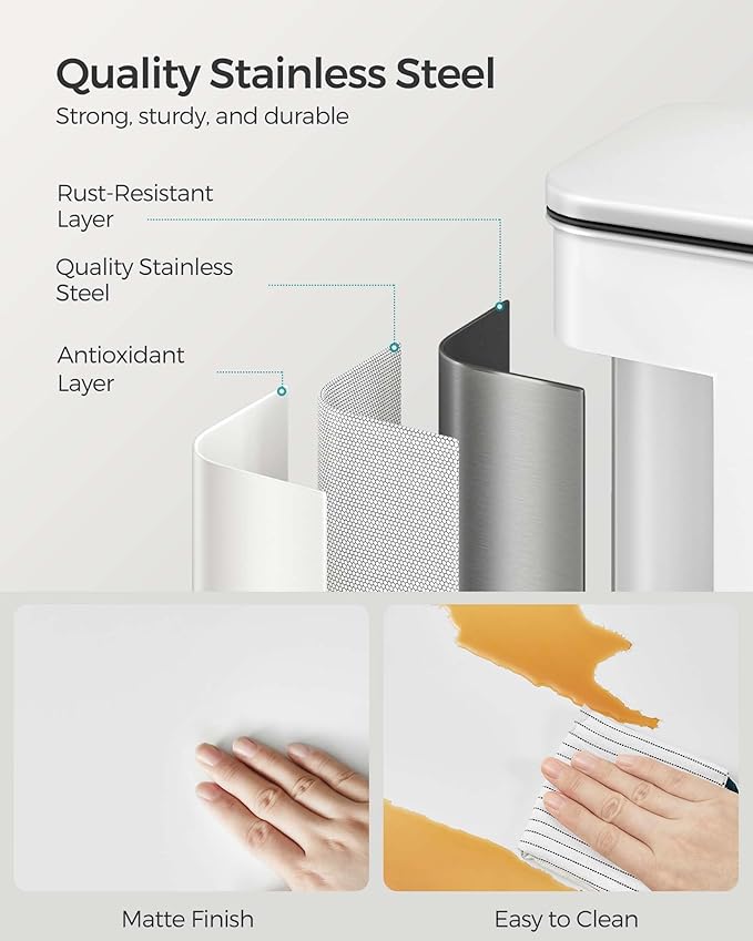 SONGMICS Kitchen Trash Can, 10.5 Gallon (40 L) Garbage Can, Large Step Trash Bin with Lid, Stainless Steel, Soft Close, 15 Trash Bags Included, White ULTB540W40-DeskLoop Office