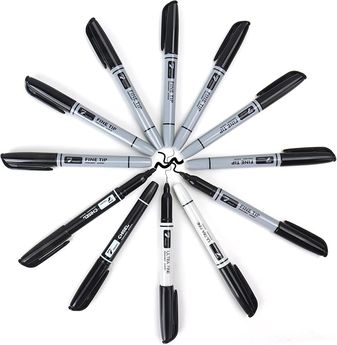 12 Black Permanent Markers with Bag - Waterproof Quick Drying Pens Set 8 Fine Tip, 2 Ultra Fine, 2 Chisel Tip Office Home School Supplies for Adults Writing Doodling Marking-DeskLoop Office