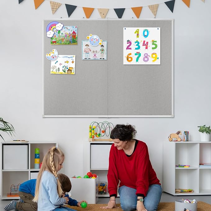 Double-Sided Large Cork Board with Linen, 60" x 40" Foldable Hanging Aluminum Framed Bulletin Board, Vision Board Pin Board Corkboards for Walls, Office, School Decor, 20 Pushpins-DeskLoop Office