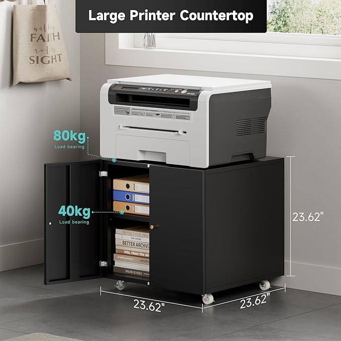 Warmiehomy Metal Printer Stand with Storage Mobile Printer Tables for Small Spaces with Door Adjustable Shelf File Cabinet on Wheels for Home Office (Black)-DeskLoop Office