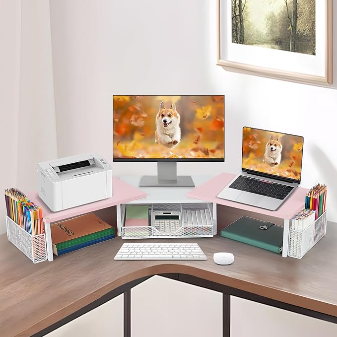 Desk Dual Monitor Stand Riser - Desk Organizer with Drawer and Pen Holders, Office Desk Accessories & Workspace Organization, Computer Monitor Stand for Laptop, Printer(Pink& White)-DeskLoop Office