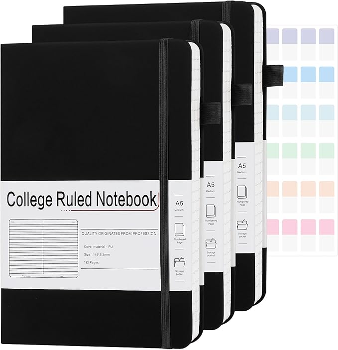 A5 Lined Journal Notebooks for Work, 192 Pages, Medium 5.7 x 8.3inch, College Ruled, Vegan Leather Hardcover Journals for Women Men,3 Pack-DeskLoop Office