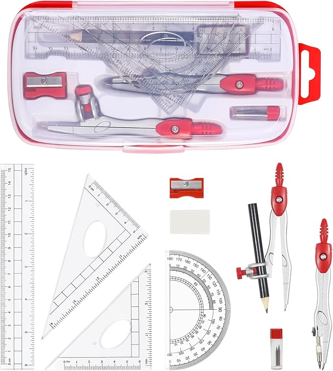 Math Geometry Kit Sets 10 Piece Student Supplies with Shatterproof Storage Box,Includes Rulers,Protractor,Compass,Eraser,Pencil Sharpener,Lead Refills,Pencil,for Drafting and Drawings(Red)-DeskLoop Office