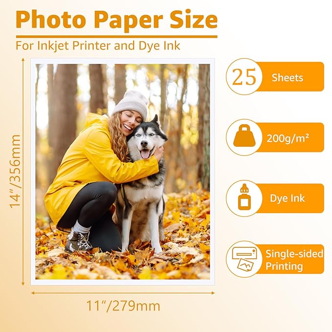 ZBEIVAN 11x14 Photo Paper, Glossy Photo Papers 25 Sheets, 11 x 14 Inkjet Printer Photo Paper for Dye Ink, 200 GSM-DeskLoop Office