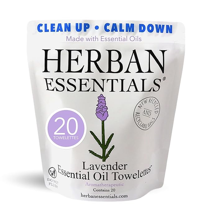 Herban Essentials - Lavender Wipes & Towelettes - Essential Oil Wipes for Make Up, Hands, Face & Body - Travel Size Essentials and Toiletries - Natural, Individually Wrapped and Disposable (20 count)-DeskLoop Office