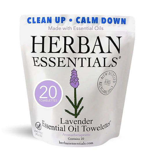 Herban Essentials - Lavender Wipes & Towelettes - Essential Oil Wipes for Make Up, Hands, Face & Body - Travel Size Essentials and Toiletries - Natural, Individually Wrapped and Disposable (20 count)-DeskLoop Office