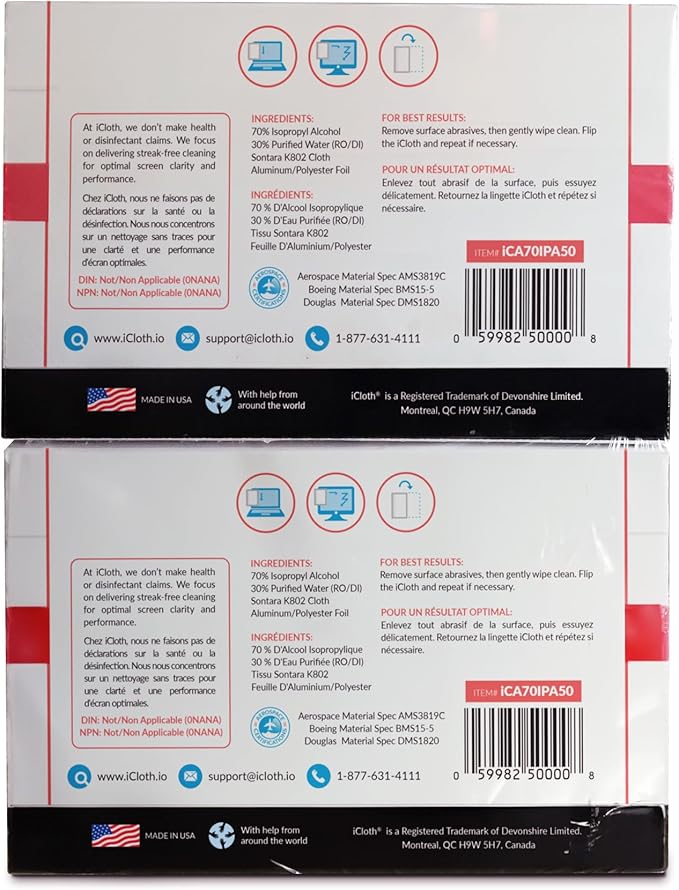 iCloth 70% Isopropyl Alcohol Large Screen and Electronics Wipes, Lint-Free, Streak-Free, Fast-Drying, Removes Dust and Fingerprints (100 Wipes)-DeskLoop Office