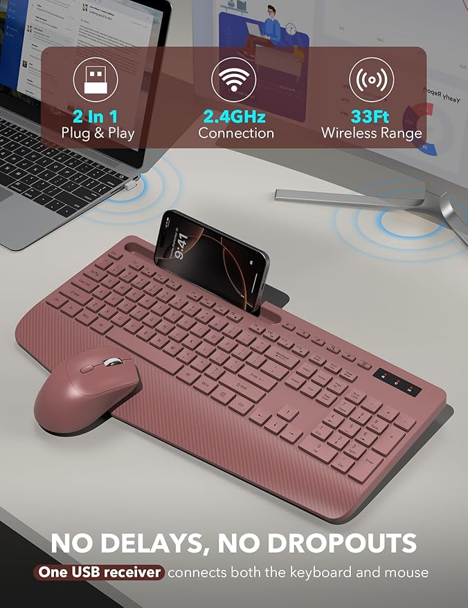 Wireless Keyboard and Mouse Combo - Full-Sized Ergonomic Keyboard with Wrist Rest, Phone Holder, Sleep Mode, Silent 2.4GHz Cordless Keyboard Mouse Combo for Computer, Laptop, PC, Mac, Windows-DeskLoop Office