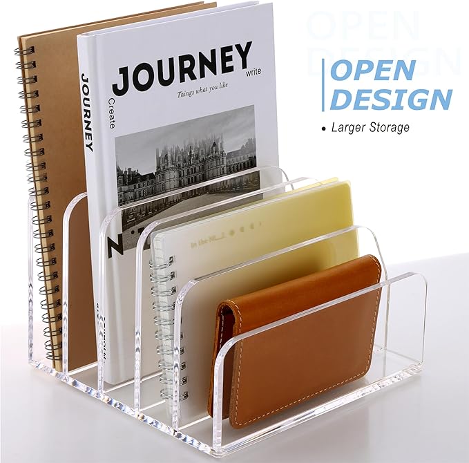 SANRUI Acrylic Desk File Organizer Holder for Desk, Clear Laddered 5 Upright Compartments Mail Sorters, Multifunction Desktop Envelope Folder Racks Document Holders for Office, Home, School-DeskLoop Office