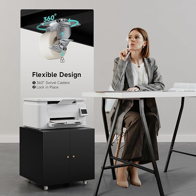 Warmiehomy Metal Printer Stand with Storage Mobile Printer Tables for Small Spaces with Door Adjustable Shelf File Cabinet on Wheels for Home Office (Black)-DeskLoop Office