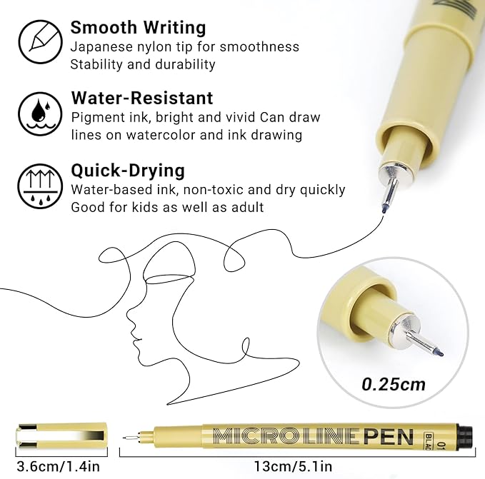KERIFI 01 Fineliner Ink Pens, 0.25mm Black Micro Fine Point Drawing Pens Waterproof Archival Ink Multiliner Pens for Artist Illustration, Sketching, Technical Drawing, Zentangle, Scrapbooking (6 Pack)-DeskLoop Office
