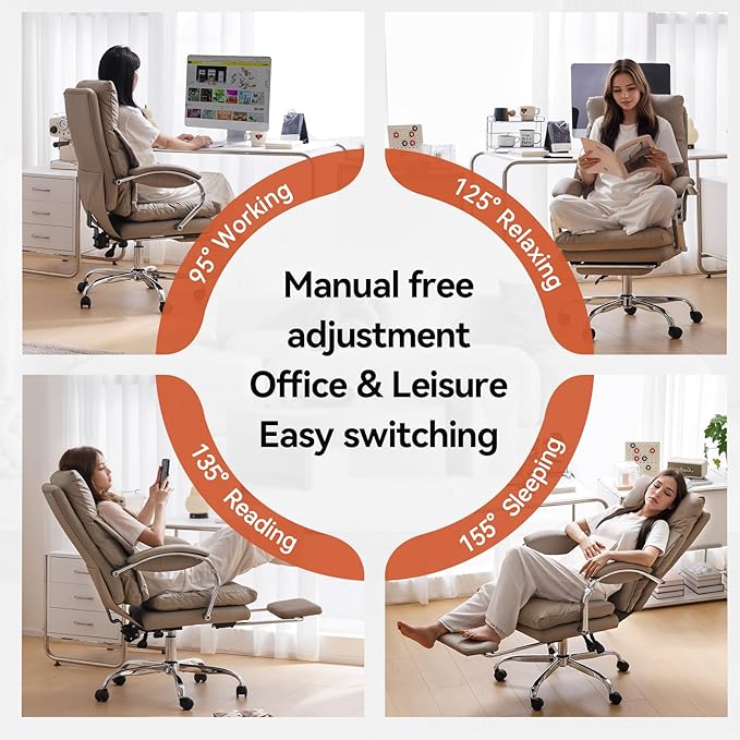 LEAGOO Reclining Office Chair with Foot Rest, Executive Office Chairs with Arms, Ergonomic High Back PU Leather Comfy Swivel Computer Desk Chairs with Wheels and Lumbar Support for Home Office, Khaki-DeskLoop Office