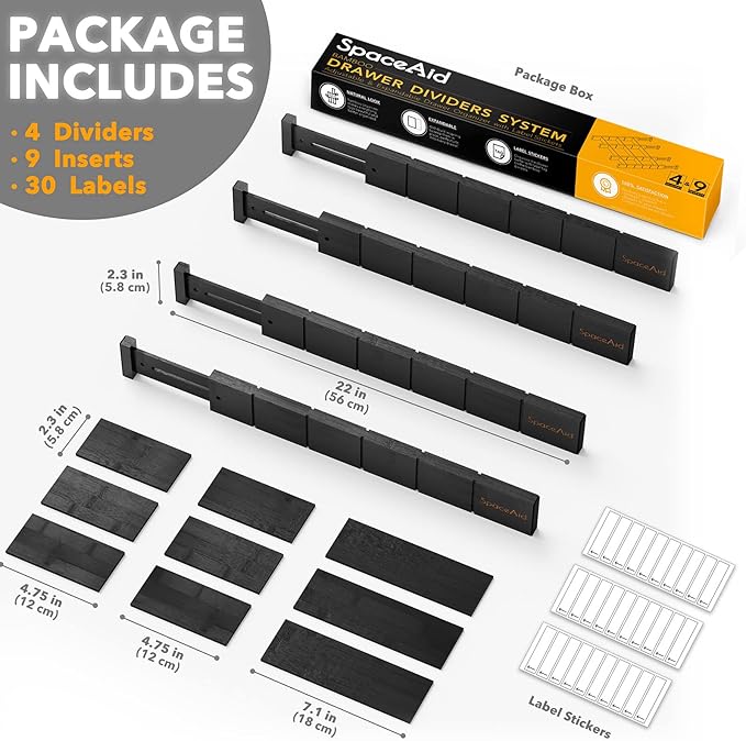 SpaceAid Bamboo Drawer Dividers with Inserts and Labels, Kitchen Adjustable Drawer Organizers, Expandable Organization for Home, Office, Dressers, 4 Dividers with 9 Inserts (17"-22" Black)-DeskLoop Office