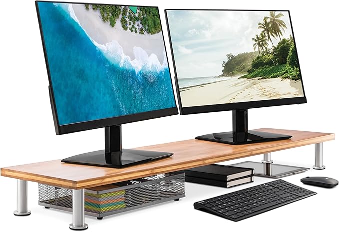 The Original Bamboo Dual Monitor Stand (As Seen On PBS) - 42 Inch Large Monitor Riser for Computer Screens, Laptop or TV - Desk Shelf Adds Storage Space and Improves Ergonomics - Natural-DeskLoop Office