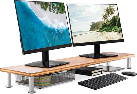 The Original Bamboo Dual Monitor Stand (As Seen On PBS) - 42 Inch Large Monitor Riser for Computer Screens, Laptop or TV - Desk Shelf Adds Storage Space and Improves Ergonomics - Natural-DeskLoop Office