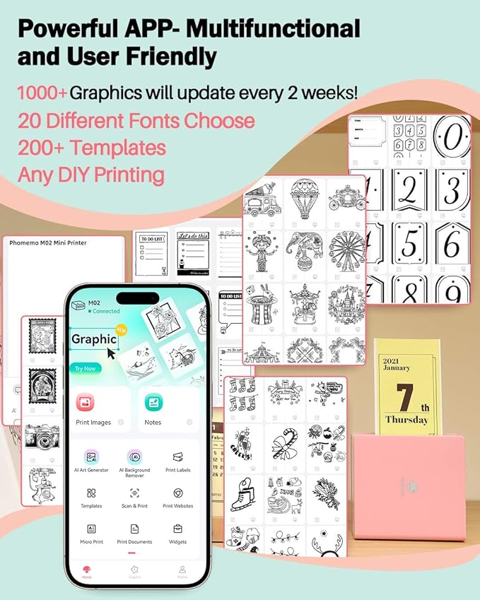 Phomemo Sticker Printer- Mini Thermal Sticker Printer Machine, Small Pocket Label Maker Instant Print for DIY Creation, Study Notes, Photos, Portable Inkless Photo Maker for Kids/Students, Pink-DeskLoop Office