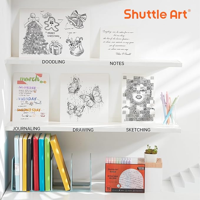 Shuttle Art Retractable Pastel Shifting Gel Ink Pens, 15 Pack Black Ink Pens, Cute Pens 0.5mm Fine Point Soft Aesthetic Barrel for Smooth Writing Journaling Taking Notes School Office Home-DeskLoop Office