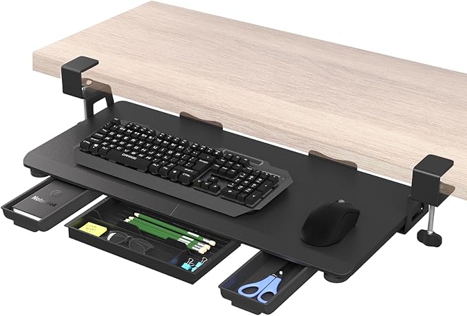 Keyboard Tray Under Desk Slide Out with Drawer, 27"x 11.8" Large Size, Pull Out Desktop Extender Holder with Sturdy C-Clamp Mount for Home Office, Black-DeskLoop Office