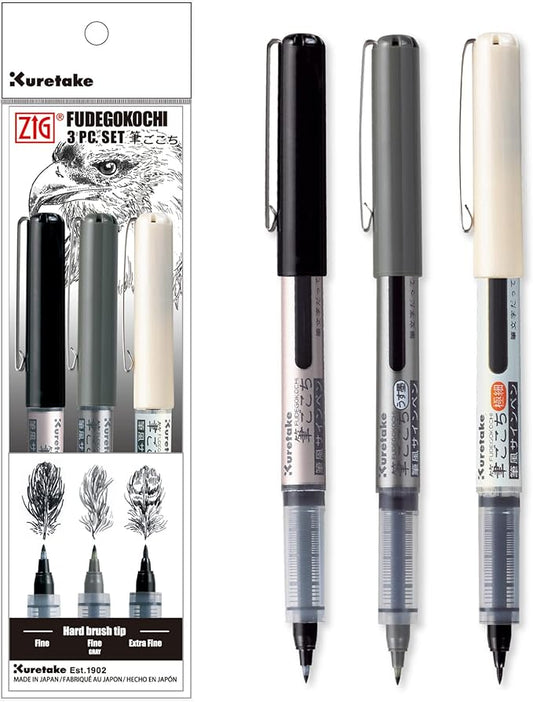 Kuretake Zig Inktober pen set, for Illustration, Manga Drawing, Lettering and Calligraphy, Professional Artist, Made in Japan (FUDEGOKOCHI(3pcs.))-DeskLoop Office