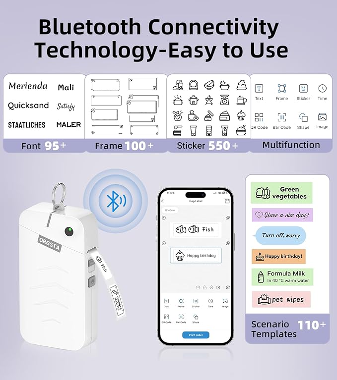 ORGSTA S001 Label Maker Machine with Tape, Portable Bluetooth Label Maker for Home and Office Organization, Thermal Label Printer Mini Sticker Maker with Multiple Templates, White-DeskLoop Office