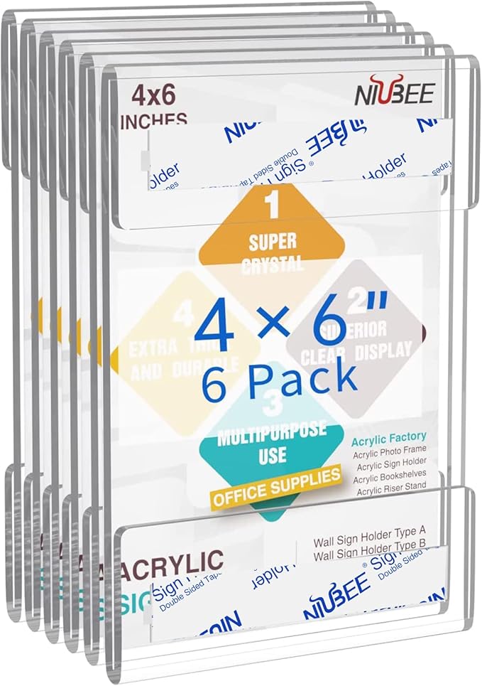 Niubee 4 x 6 inch Wall Mount Acrylic Sign Holder with Double Sided Adhesive Tape for Office, Home, Store, Restaurant, No Drilling - Vertical (6 Pack)-DeskLoop Office