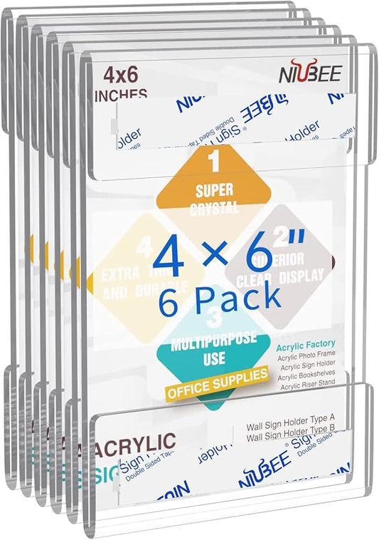 Niubee 4 x 6 inch Wall Mount Acrylic Sign Holder with Double Sided Adhesive Tape for Office, Home, Store, Restaurant, No Drilling - Vertical (6 Pack)-DeskLoop Office