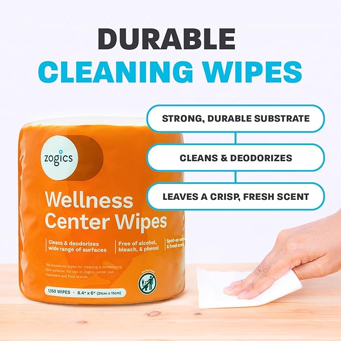 Zogics Wellness Center Cleaning Wipes – Gym Wipes for Cleaning Surfaces and Equipment, Durable and Safe Pre-Saturated Wet Wipes (2,300 Count, 2 Rolls of 1,150 Wipes)-DeskLoop Office