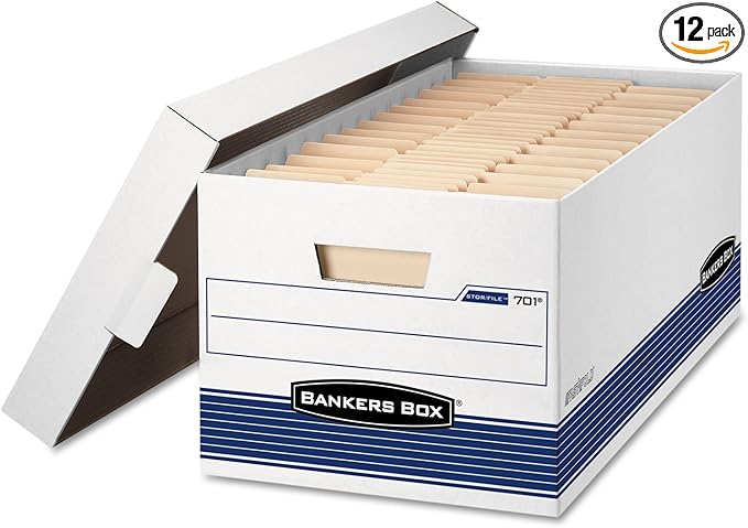 Bankers Box 12 Pack STOR/File Medium-Duty File Storage Boxes, FastFold, Lift-Off Lid, Letter, White/Blue-DeskLoop Office