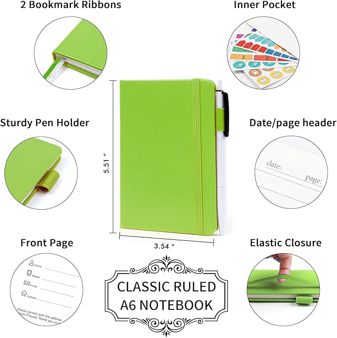 feela 6 Pack Pocket Small Notebooks Bulk, Mini Cute Memo Notepads Hardcover College Ruled Lined Journals with Pen Holder for Women Girls Office School, with 6 Black Pens, 3.5”x 5.5”, A6, Green-DeskLoop Office