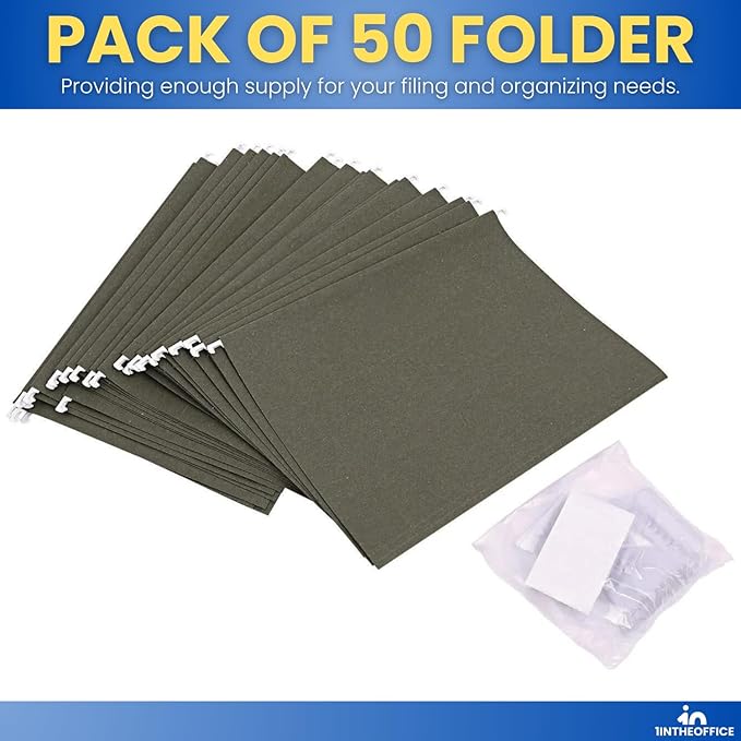 1InTheOffice Green Hanging File Folders Letter Size, Hanging Organizer File Folders, File Cabinet Folders, 1/5 Tabs, 11 pt, 50 Pack-DeskLoop Office
