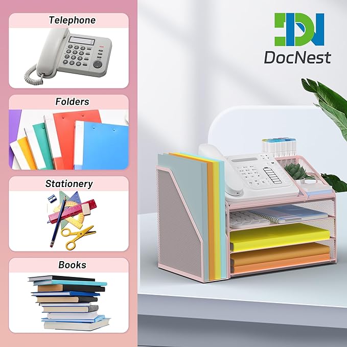 DocNest 4 Tier Paper Letter Tray File Organizer, Mesh Desk File with Handle, Workspace Desk Organizers with Pen Holder, Office Organization Storage Accessories - Pink-DeskLoop Office